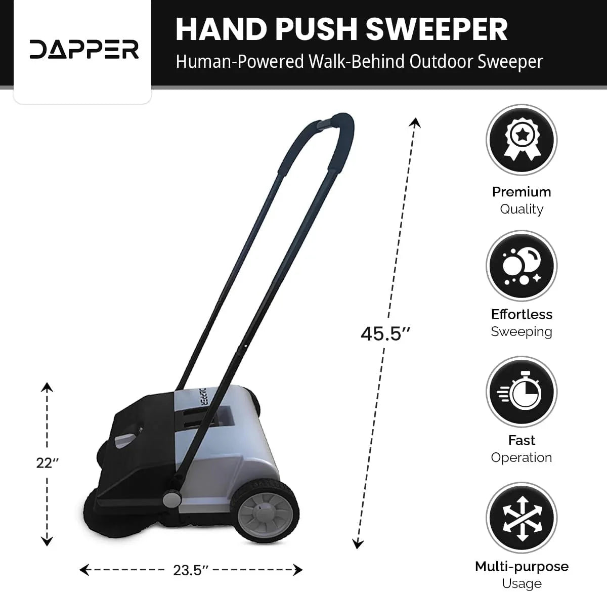 Walk-Behind Hand Push Floor Sweeper, 5.25 Gallon Capacity, 25.5 in Sweeping Width - Grey