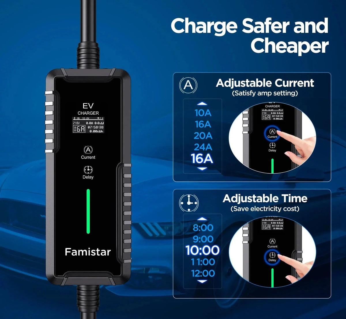 Famistar Portable Level 2 And Level 1 EV Charger, 16Amp 110-240V J1772 With 25ft Cord - UPC-B1-16AC