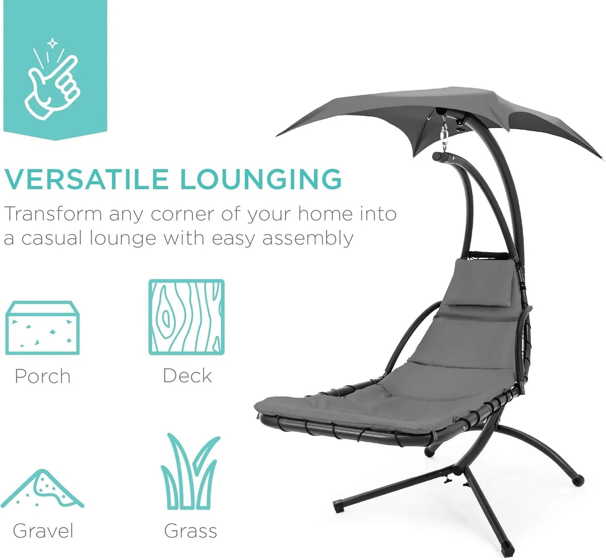 Best Choice Products Outdoor Hanging Steel Chaise Lounge Chair With Canopy, Charcoal Gray - SKY5871