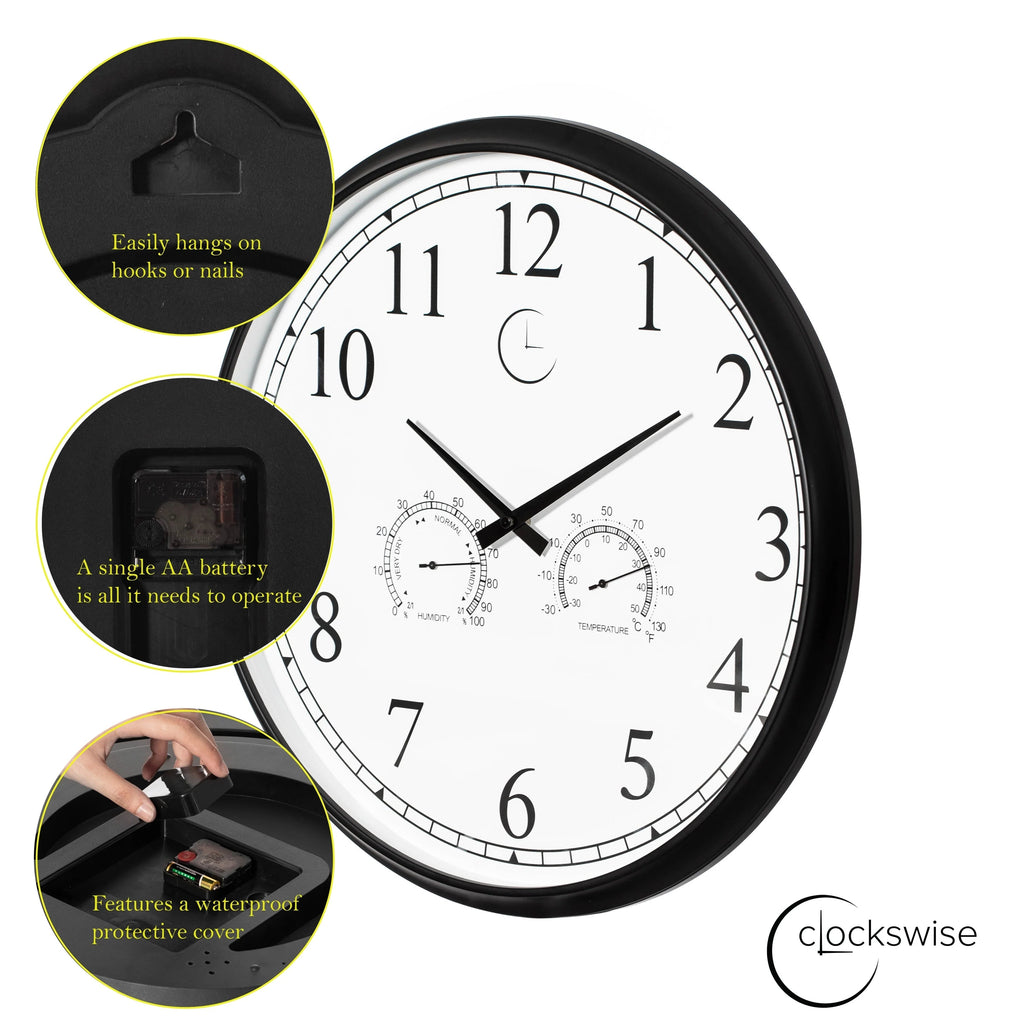 Outdoor Wall Clock With Thermometer And Hygrometer, 24-Inch, Black