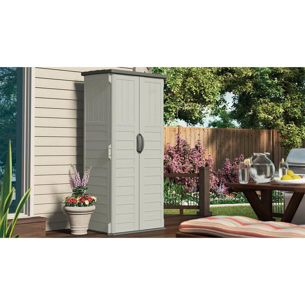 Suncast Resin Vertical Storage Shed, 22 Cubic Feet, Light Taupe, 2' 1.5in x 2' 8.5in x 6' - BMS1250