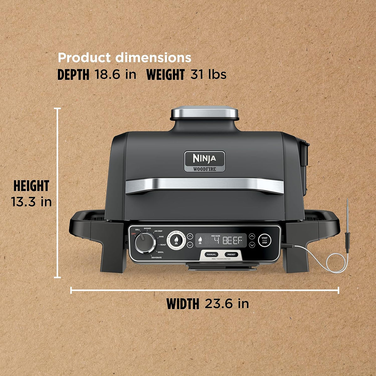 Ninja 7-in-1 Portable Electric Outdoor Grill And Smoker With Thermometer, Grey - OG751BRN