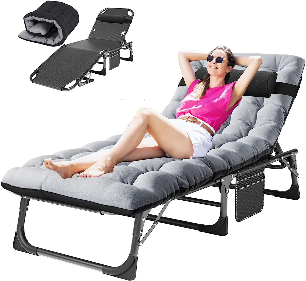 Slsy 5-Position Adjustable Folding Lounge Chair And Cot - 75.2" x 25.6" x 11.8"