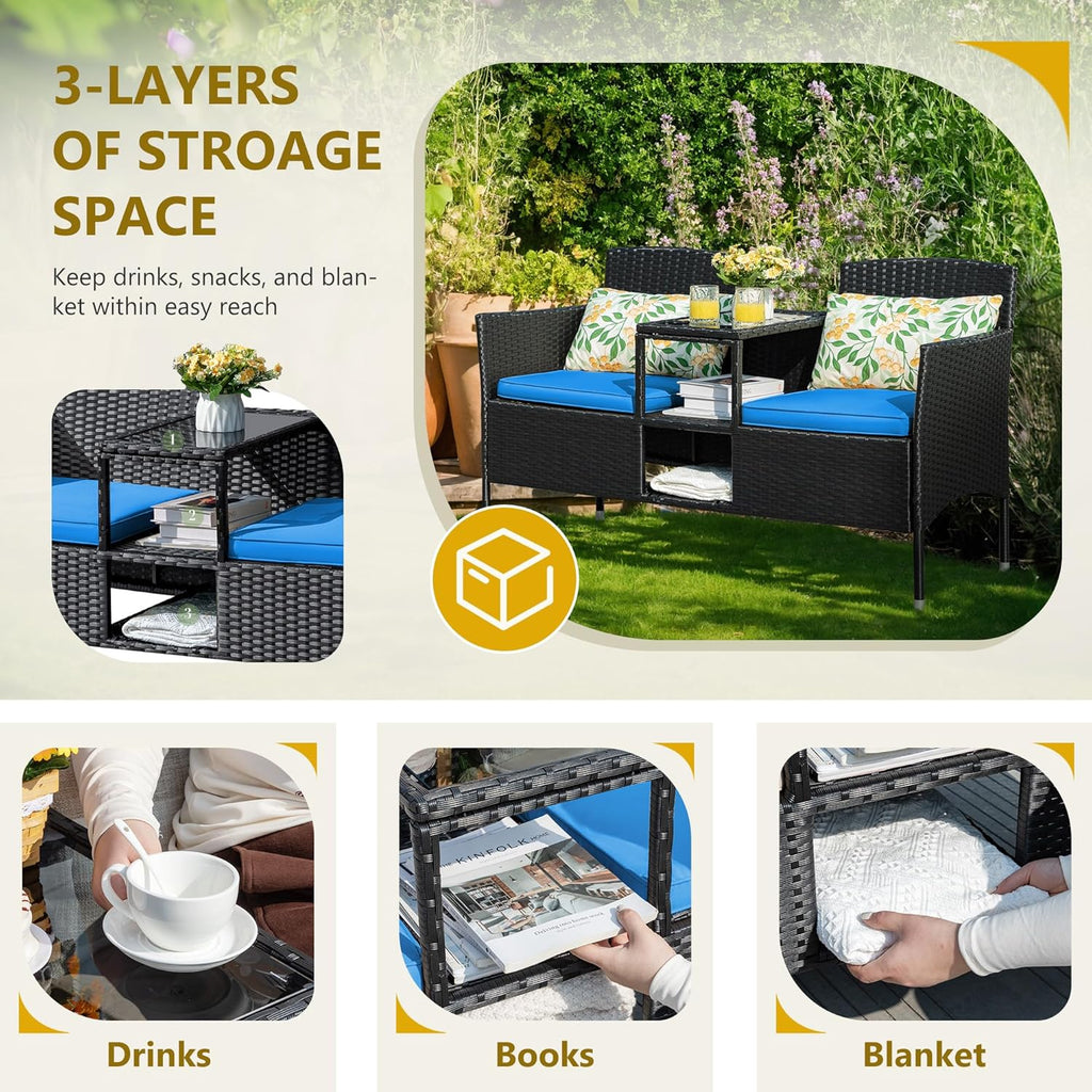 Flamaker Outdoor Wicker Patio Loveseat With Built-In Table And Cushions, Beige - 49.2 x 21.3 x 30.9 in