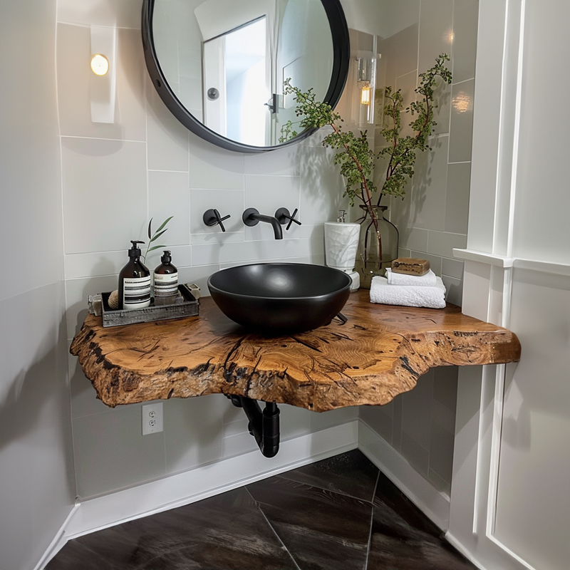 Rustic Floating Vanity Shelf, Live Edge Wood Counter for Small Baths
