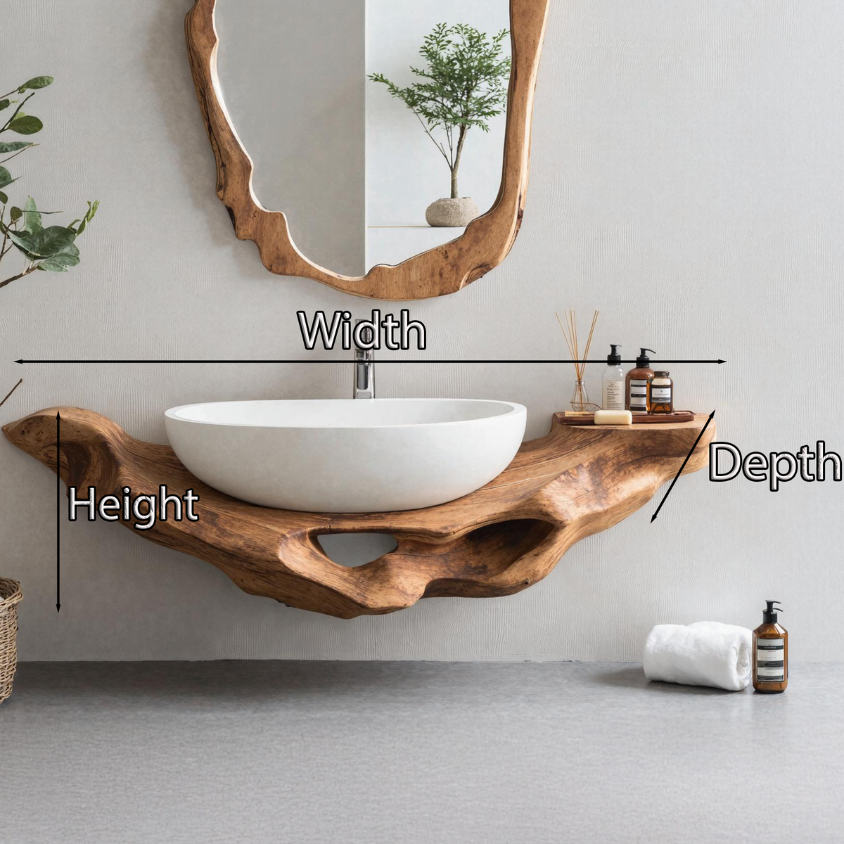 Live Edge Floating Vanity Shelf, Mid Century Solid Wood Bathroom