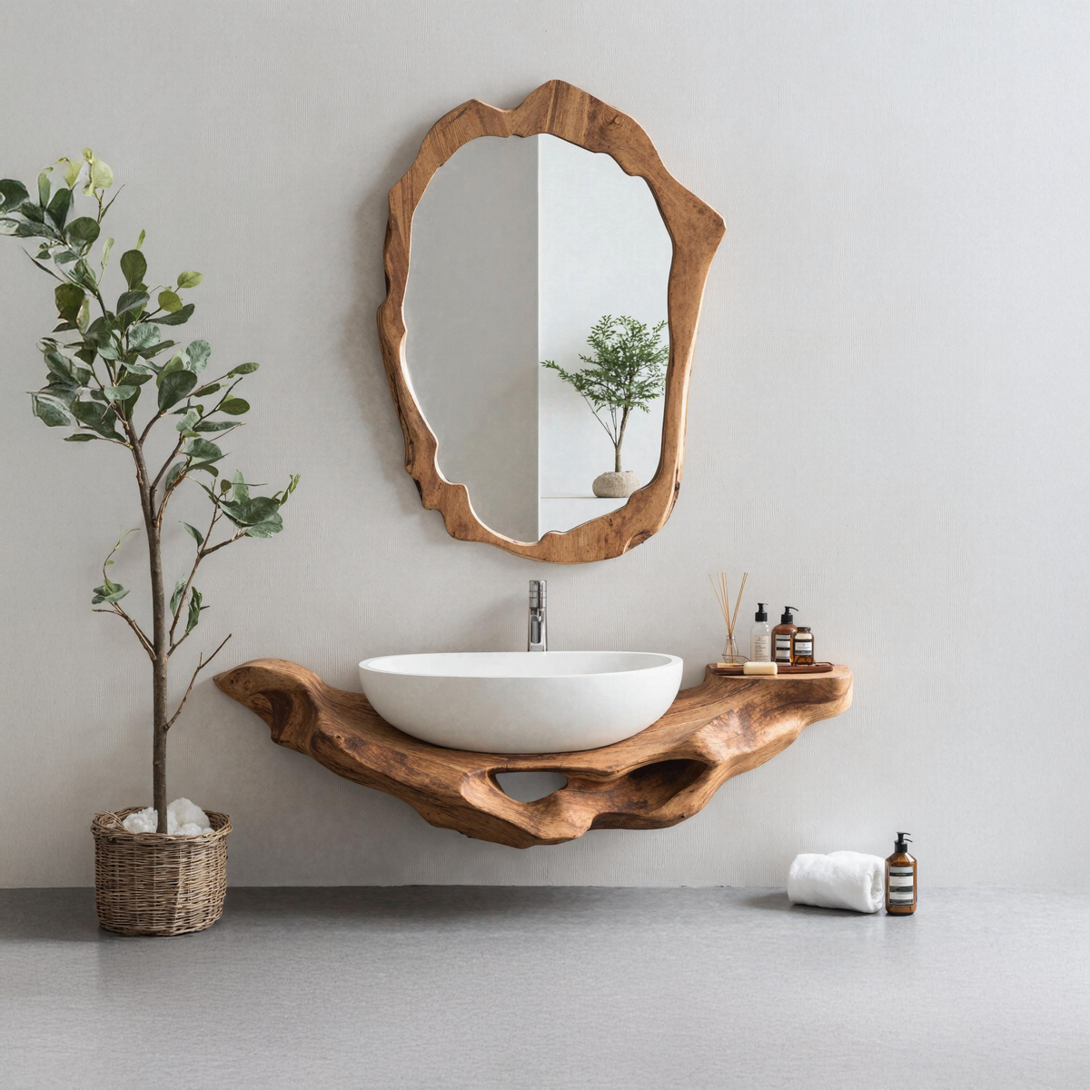 Live Edge Floating Vanity Shelf, Mid Century Solid Wood Bathroom