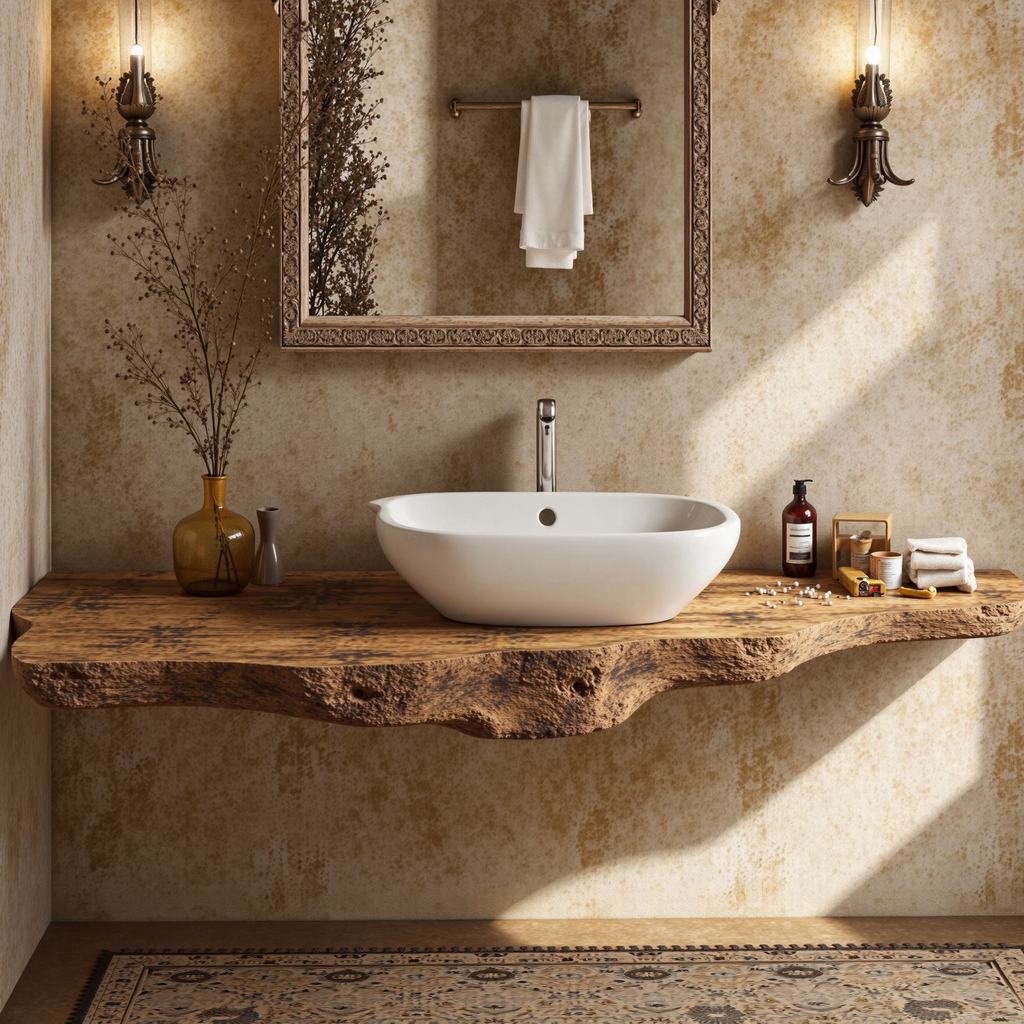 Floating Bathroom Vanity Shelf, Live Edge Solid Wood Sink Top