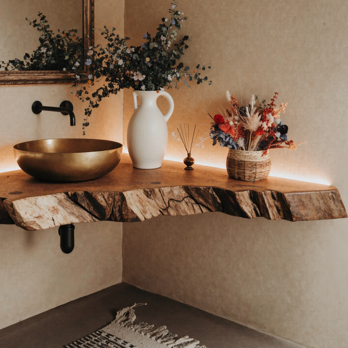 Floating Corner Bathroom Vanity Shelf Handmade Wood Sink Counter