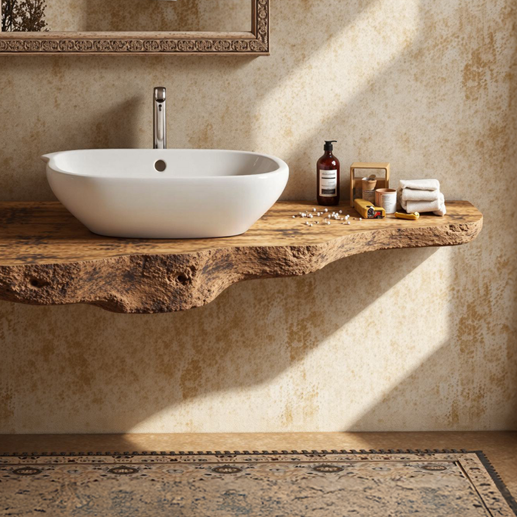Floating Bathroom Vanity Shelf, Live Edge Solid Wood Sink Top