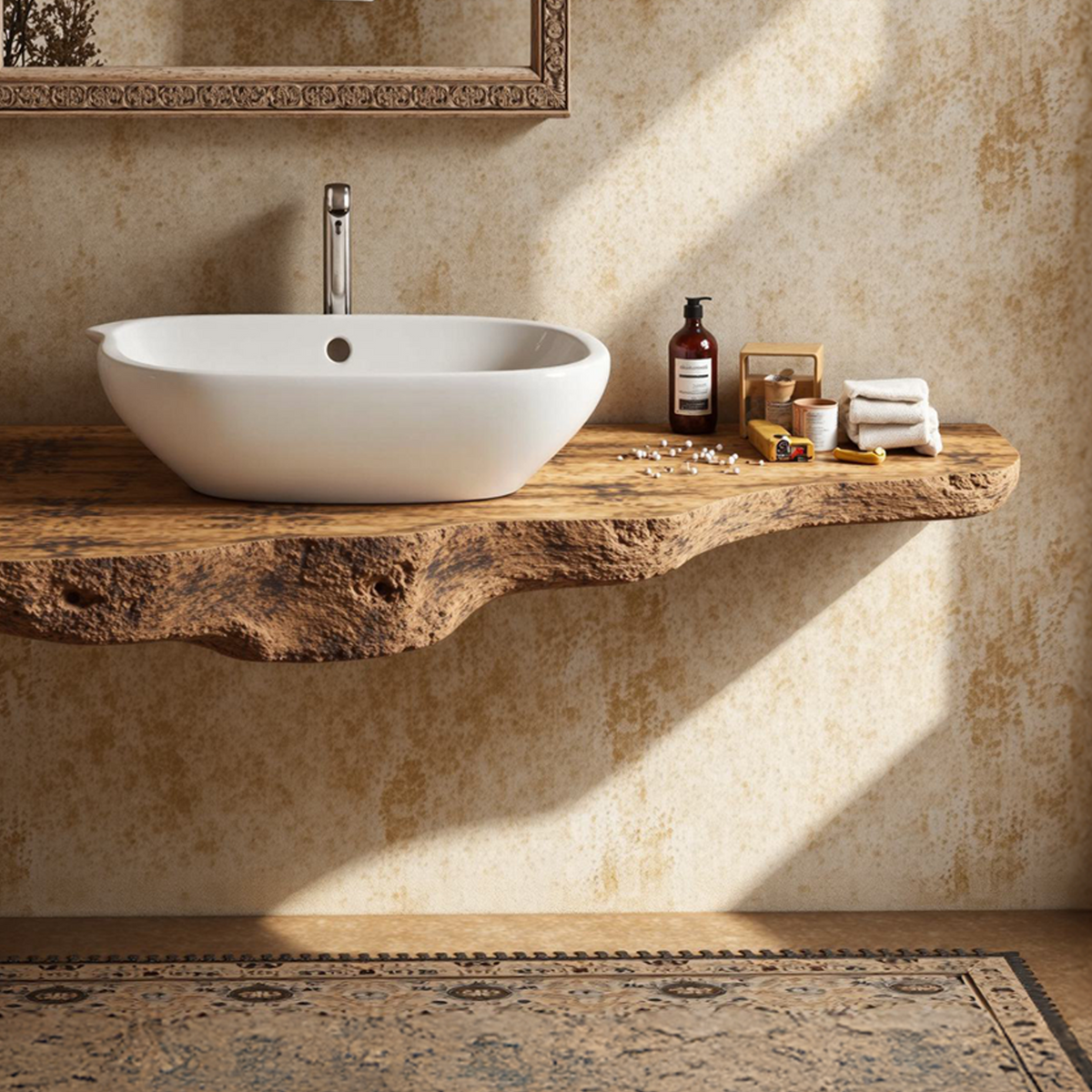 Floating Bathroom Vanity Shelf, Live Edge Solid Wood Sink Top