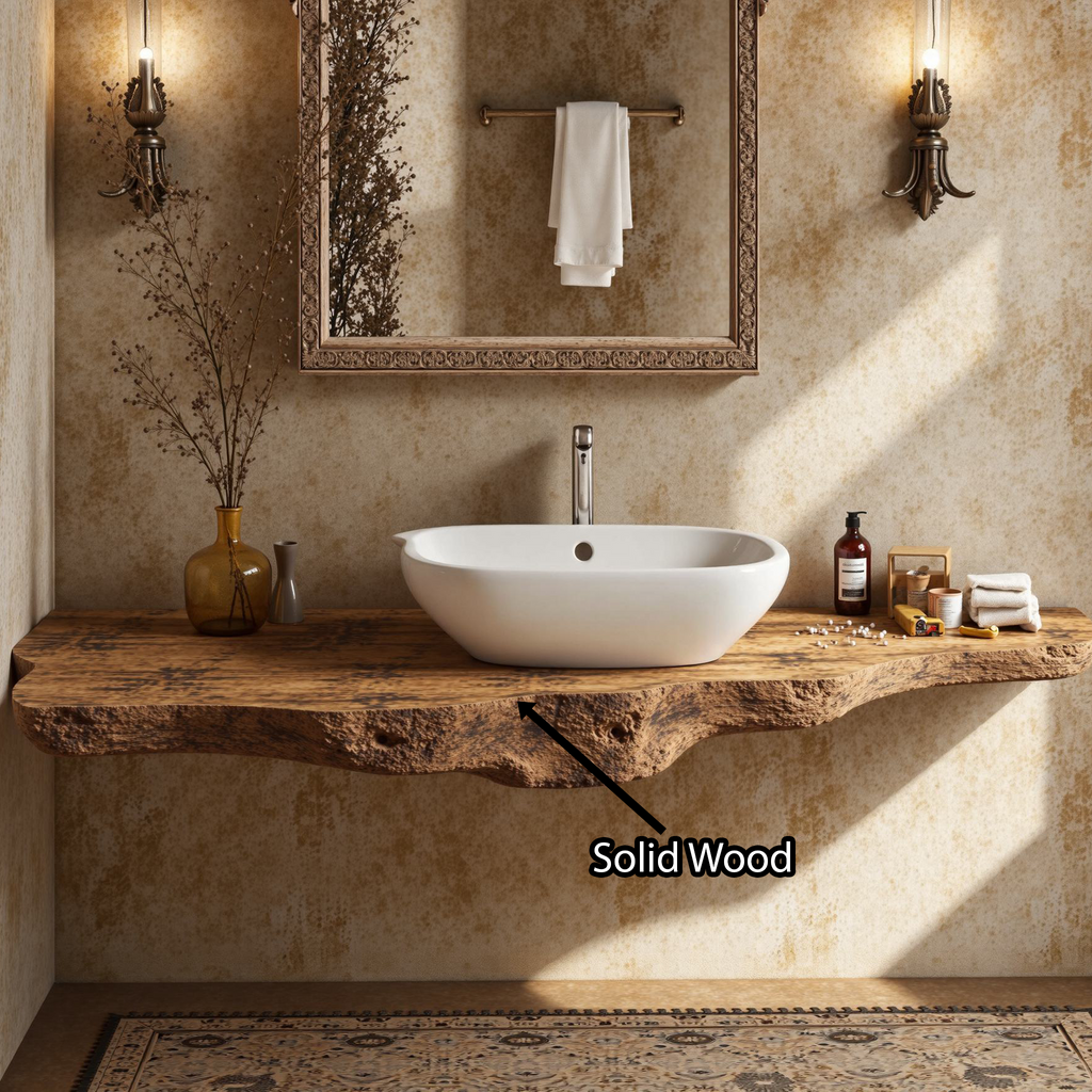 Floating Bathroom Vanity Shelf, Live Edge Solid Wood Sink Top