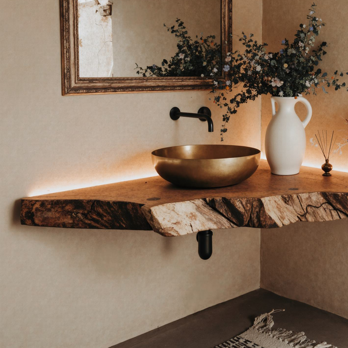 Floating Corner Bathroom Vanity Shelf Handmade Wood Sink Counter