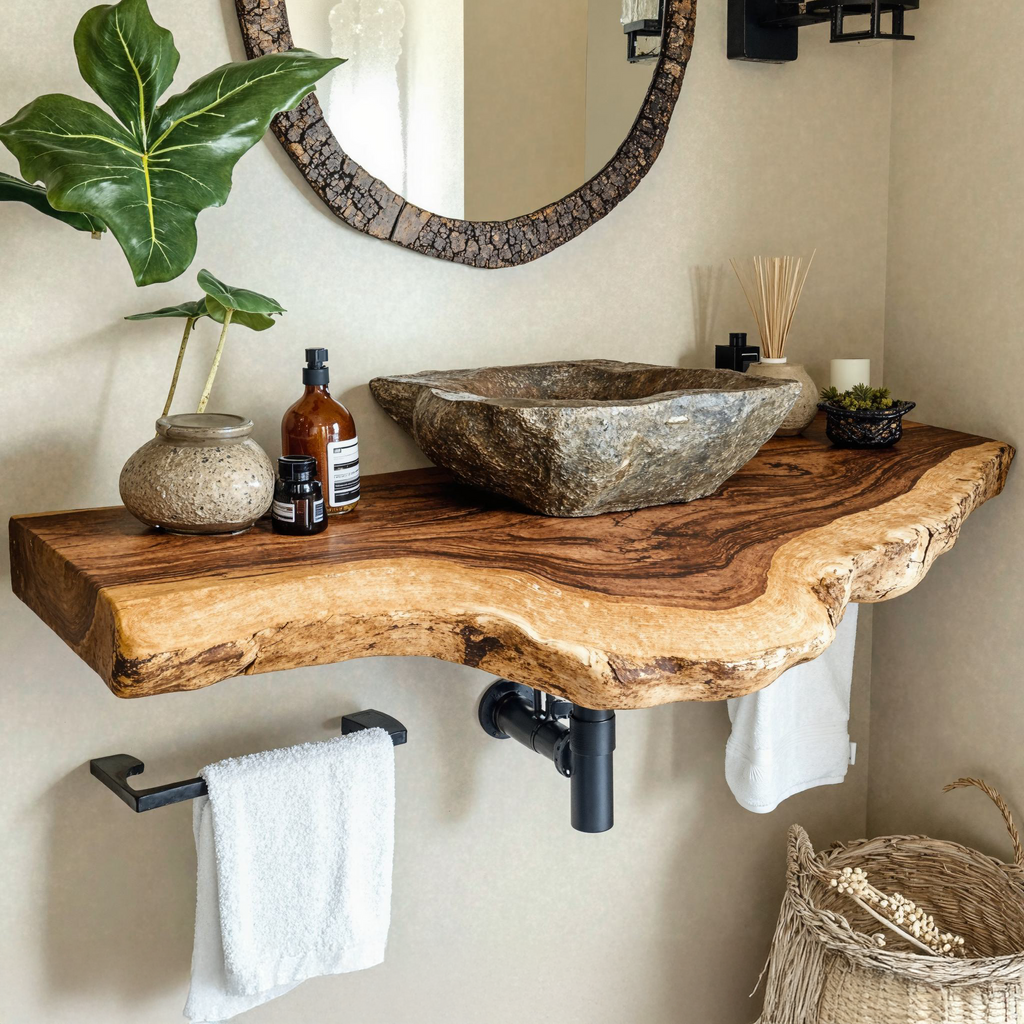 Floating Bathroom Vanity Shelf, Thick Live Edge Wood Sink Countertop
