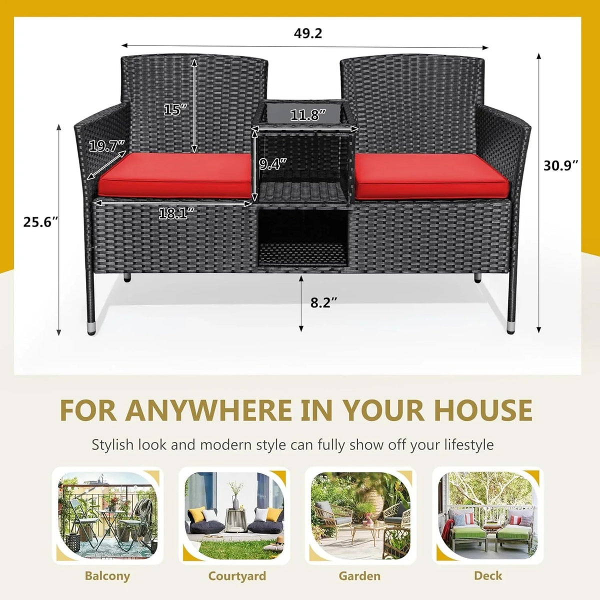 Flamaker Outdoor Wicker Patio Loveseat With Built-In Table And Cushions, Beige - 49.2 x 21.3 x 30.9 in