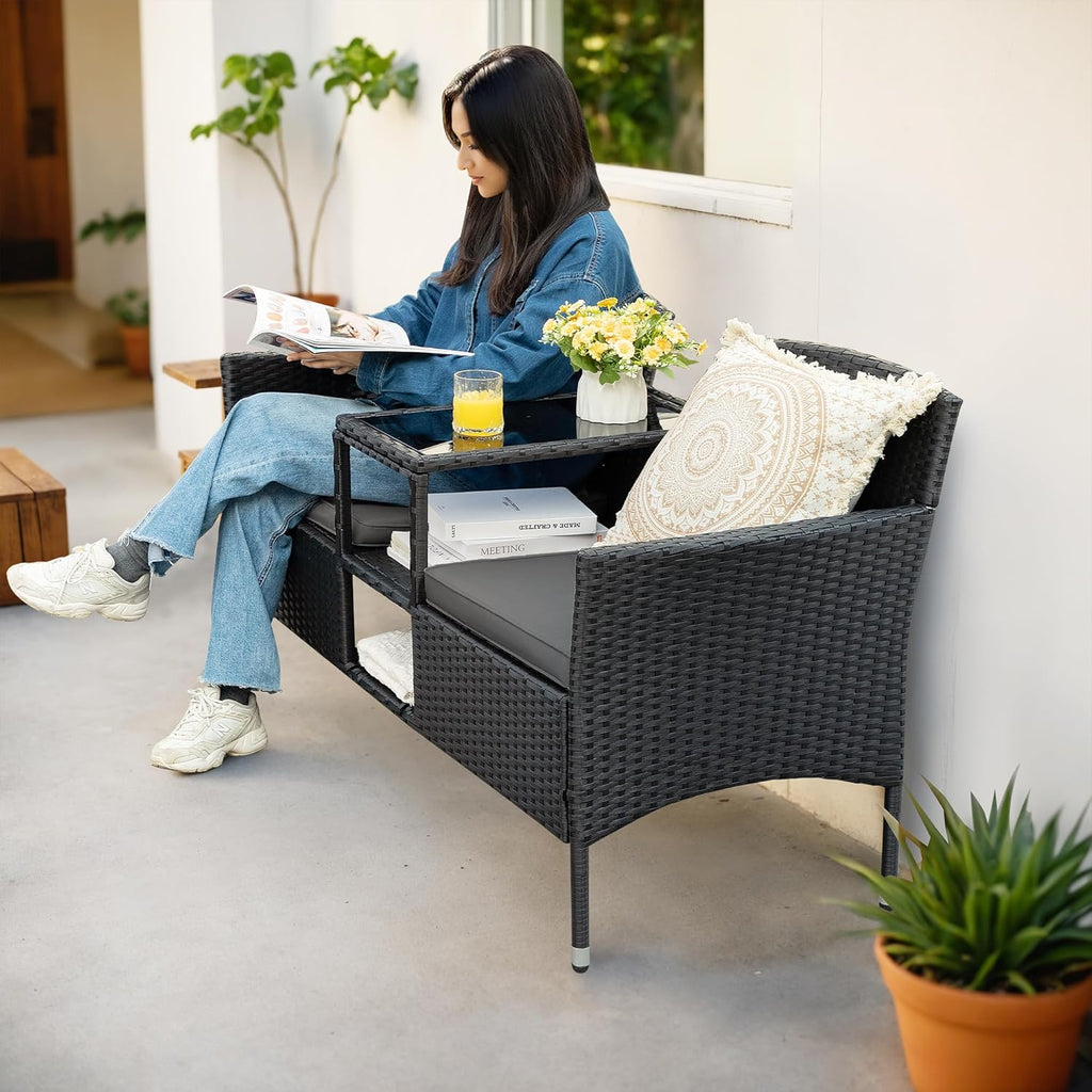 Flamaker Outdoor Wicker Patio Loveseat With Built-In Table And Cushions, Beige - 49.2 x 21.3 x 30.9 in