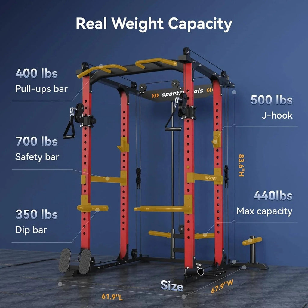 Sportsroyals Power Cage With Adjustable Cable Crossover System, 1600 lbs, Red, 61.6 x 56.0 x 82.6 in - Power Cage