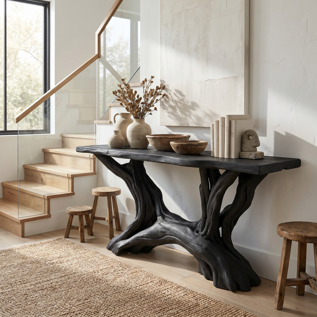 Console Table, Coastal Rustic Solid Wood Entryway Table with Shelves