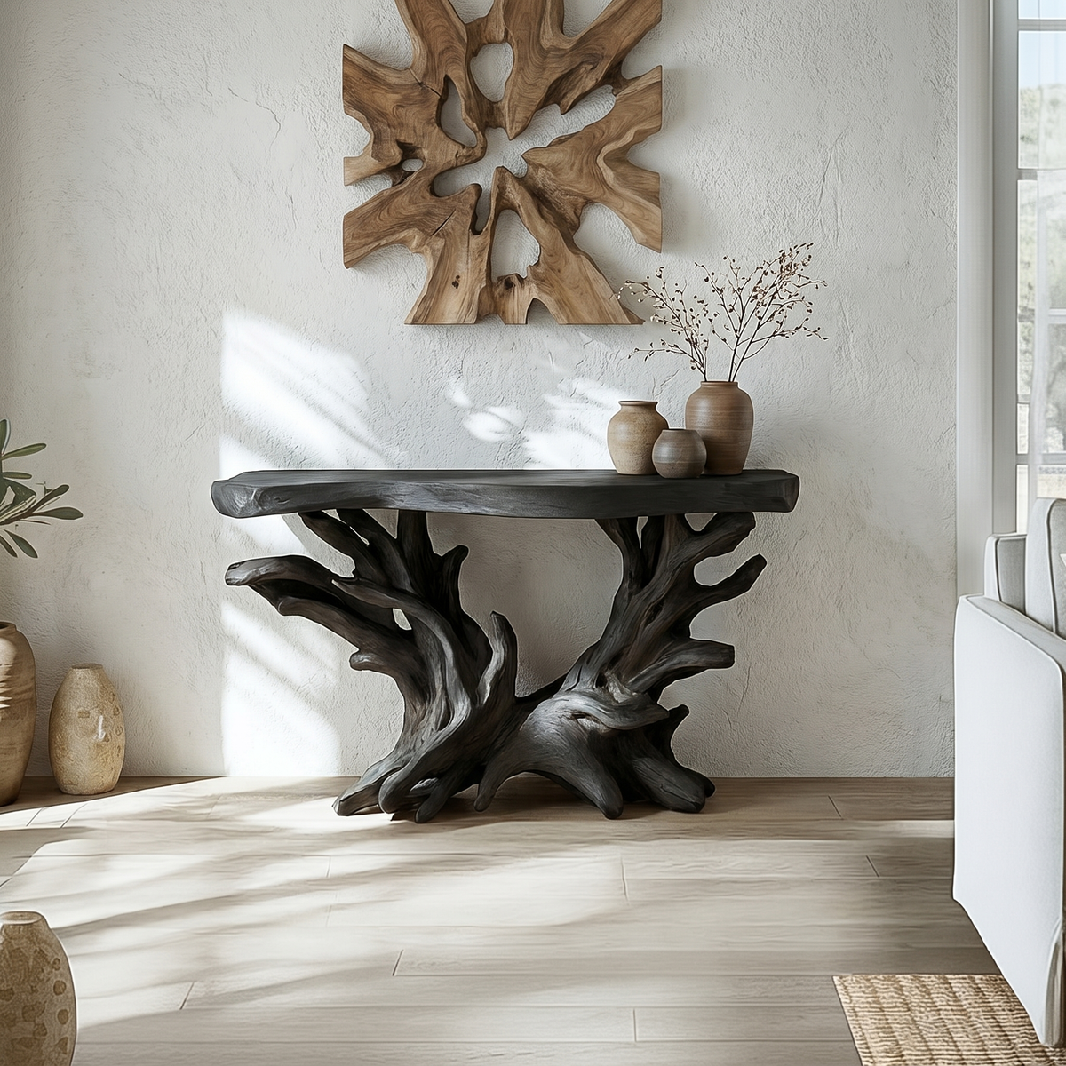 Coastal Console Table with Open Shelf, Rustic Solid Wood Sofa Table
