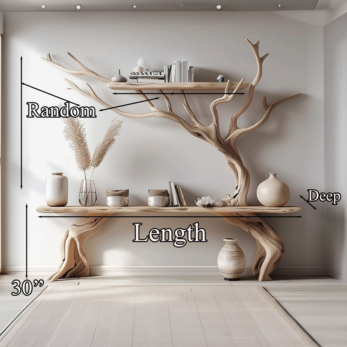 Narrow Console Table with Tree Branch Shelf, Driftwood Style