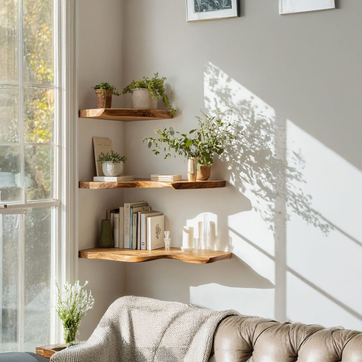 Handcrafted Corner Bookshelf Floating Wood Shelves Boho Rustic Decor