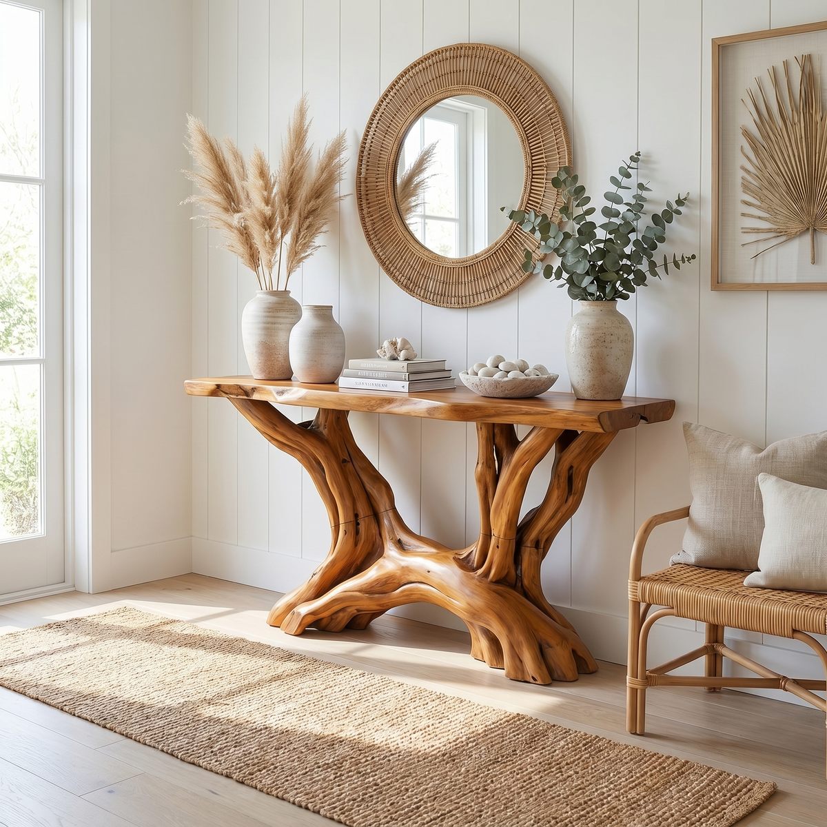 Console Table, Coastal Rustic Solid Wood Entryway Table with Shelves
