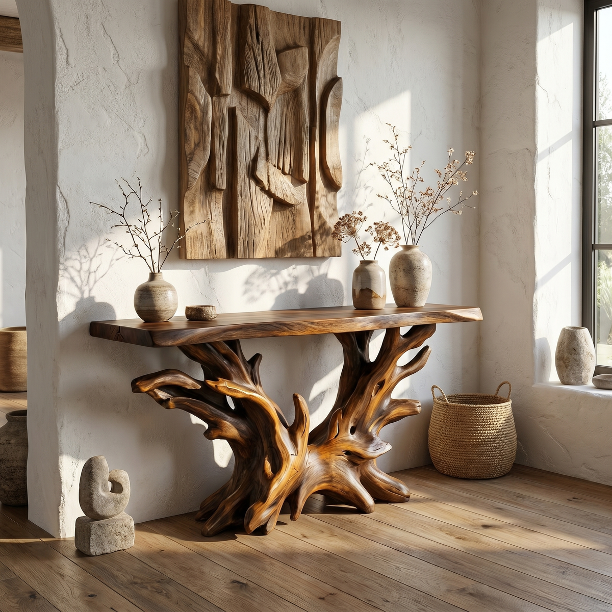 Coastal Console Table with Open Shelf, Rustic Solid Wood Sofa Table
