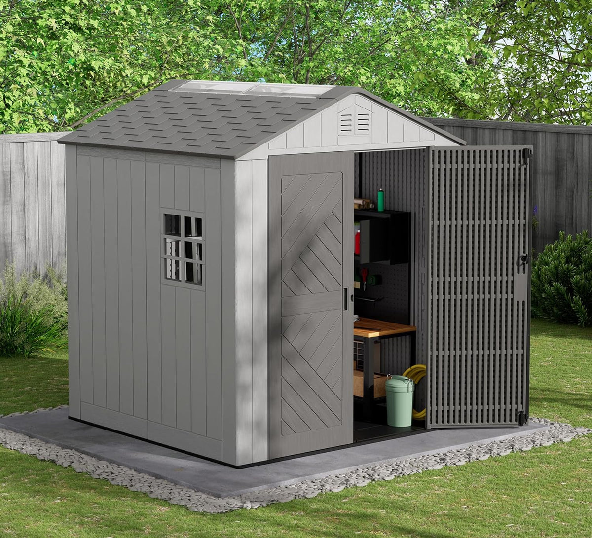 HOMSPARK Outdoor Resin Storage Shed 6x6 Ft With Floor And Windows - Grey