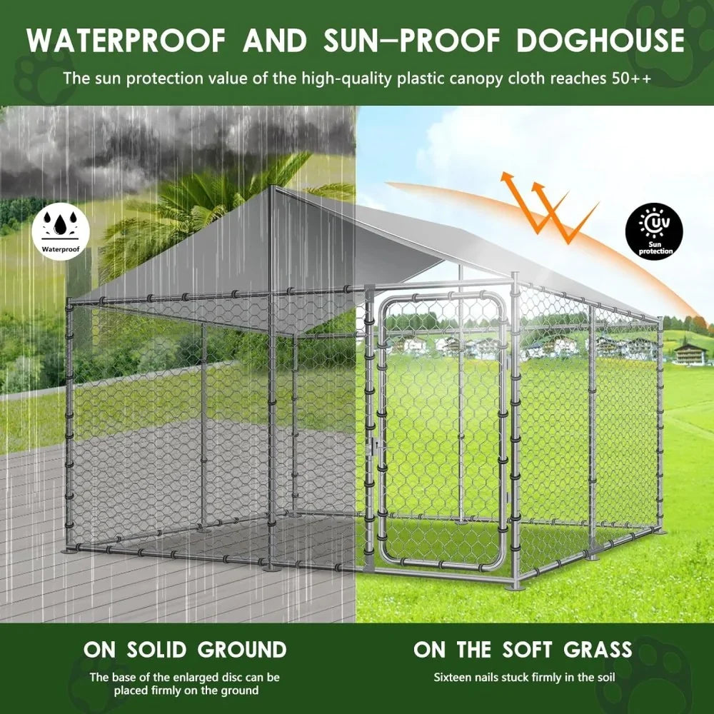 Haverchair Heavy Duty Outdoor Dog Kennel With Water and UV-Resistant Cover, Galvanized Steel, 90in L x 90in W x 63in H
