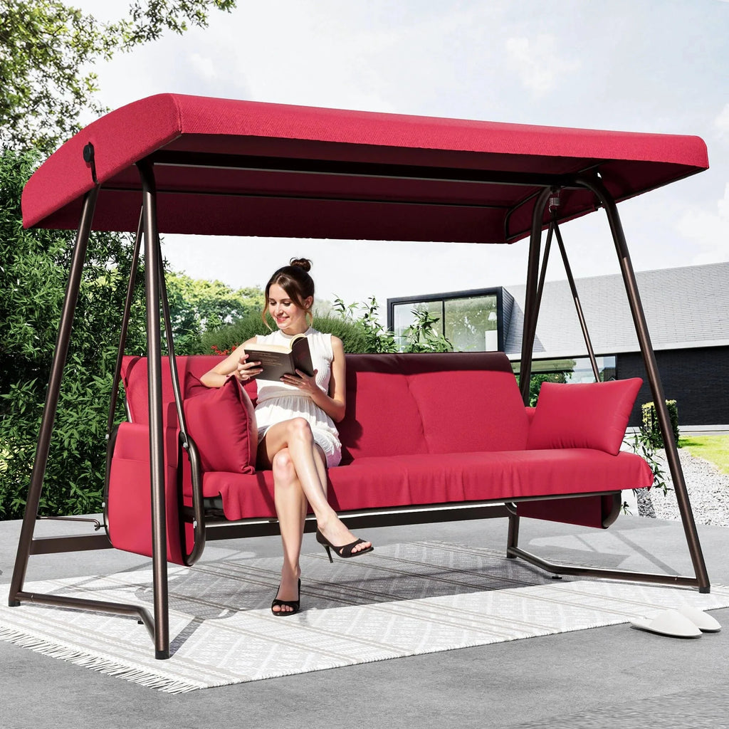 TQKVIPI 4 Person Outdoor Porch Swing Bed With Adjustable Backrest Canopy - 800 lbs Capacity
