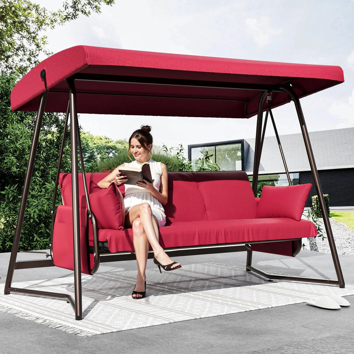 TQKVIPI 4 Person Outdoor Porch Swing Bed With Adjustable Backrest Canopy - 800 lbs Capacity