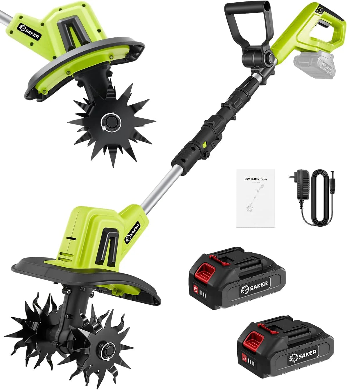 Saker 22V Cordless Electric Garden Tiller Cultivator, 9-Inch Width, 6.3-Inch Depth, 2 Batteries - SK-TC18B