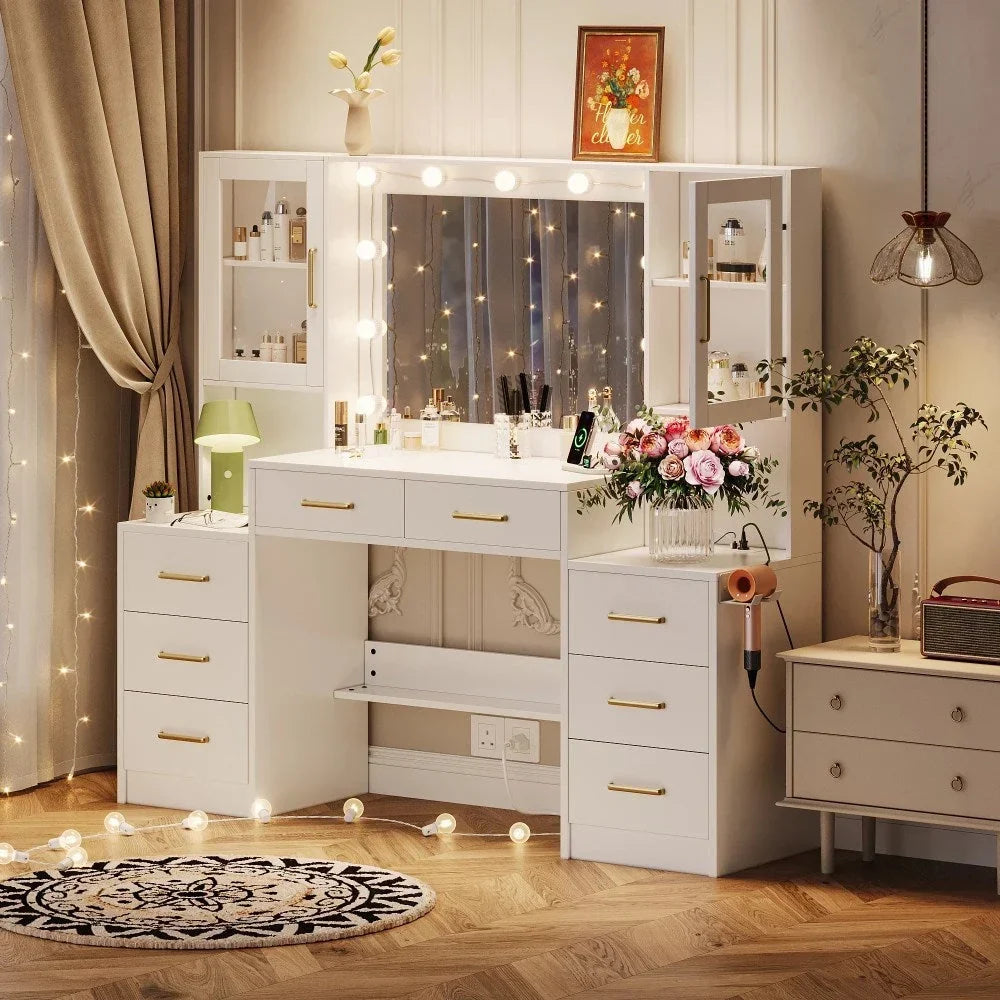 UGTOO Makeup Vanity Desk With Mirror And Lights, 58.27 in, 10 Adjustable LED Bulbs, 8 Drawers, 2 Cabinets, White