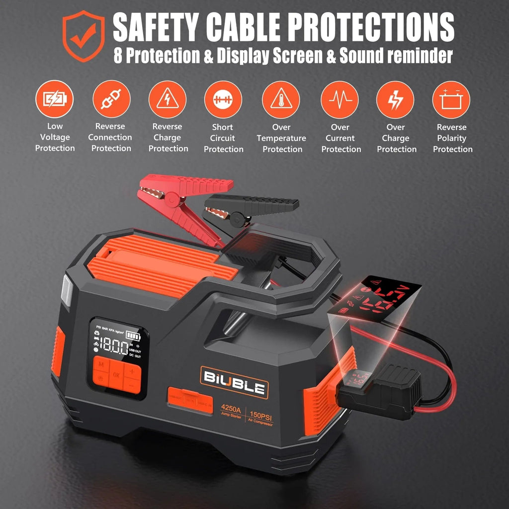 Biuble Car Jump Starter With Air Compressor, 4500A Peak, 26800mAh, 12V, 150PSI - JS006
