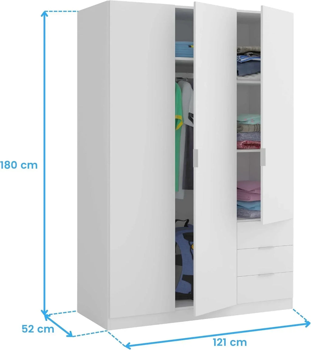 Habitdesign Three-Door Three-Drawer Wardrobe Closet, Artic White, 121 cm W x 180 cm H x 52 cm D