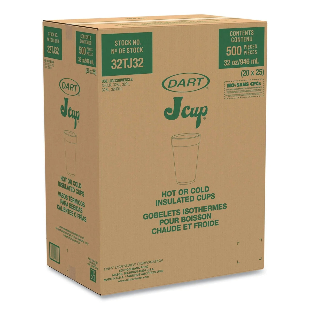 Dart Foam Drink Cups, 32 oz, White, 25/Bag, 20 Bags/Carton - DCC32TJ32