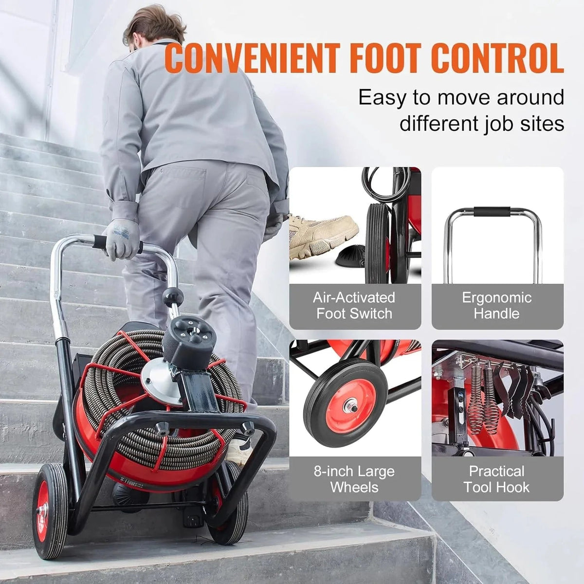 VEVOR Drain Cleaner Machine 100FT x 1/2 Inch, 550W, Red + Black - Drain Cleaner Machine 100 FT x 1/2 Inch
