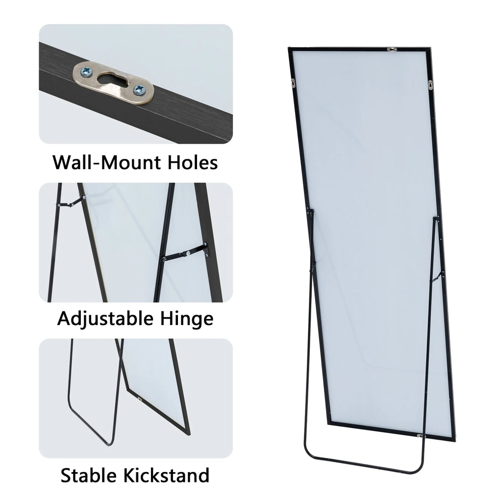 Full-Length Floor Mirror 64x21, Aluminum Alloy Frame With Stand And Wall Mount Option