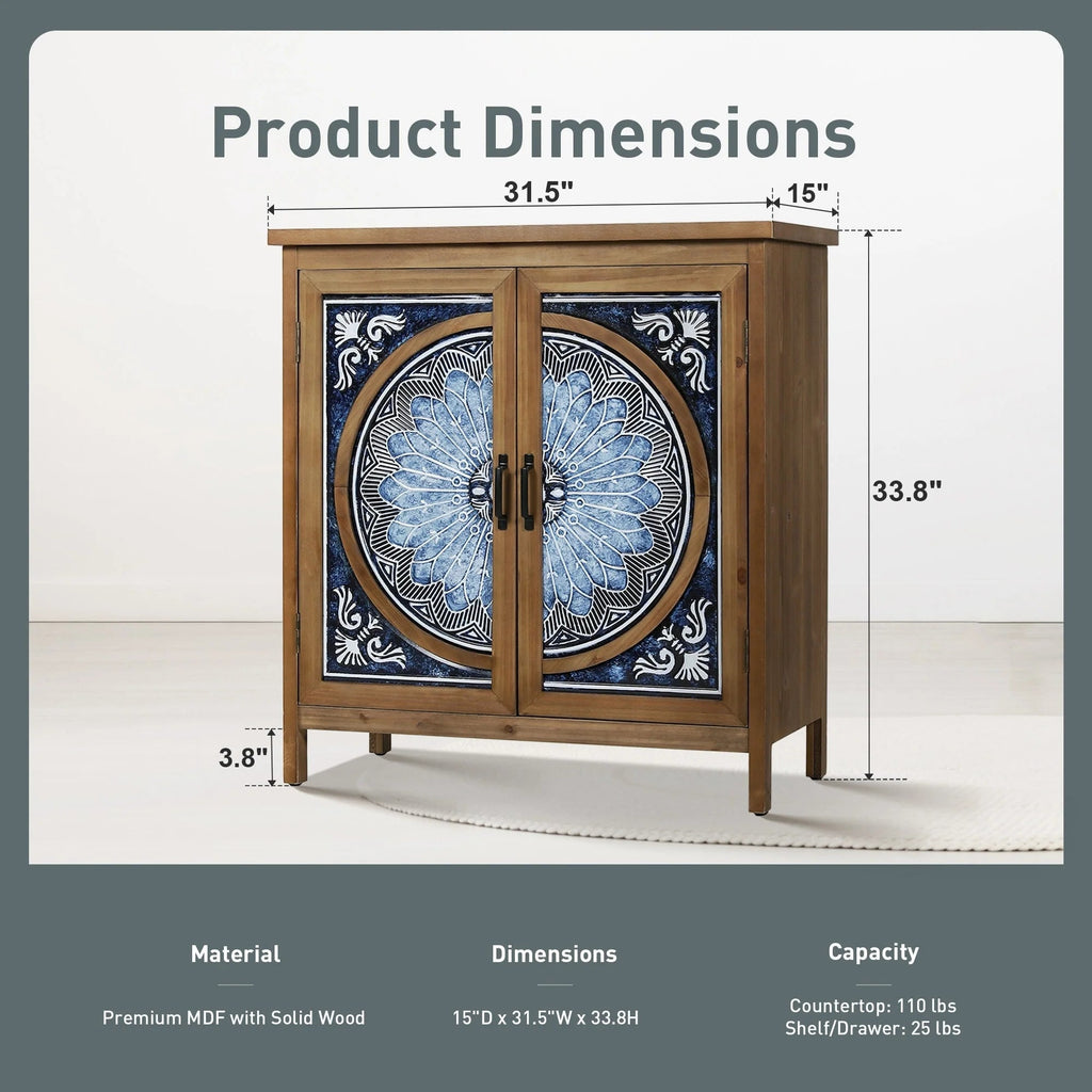 Vintage Storage Accent Cabinet With Drawers, Blue And White, 32 in L x 14.96 in W x 33.66 in H