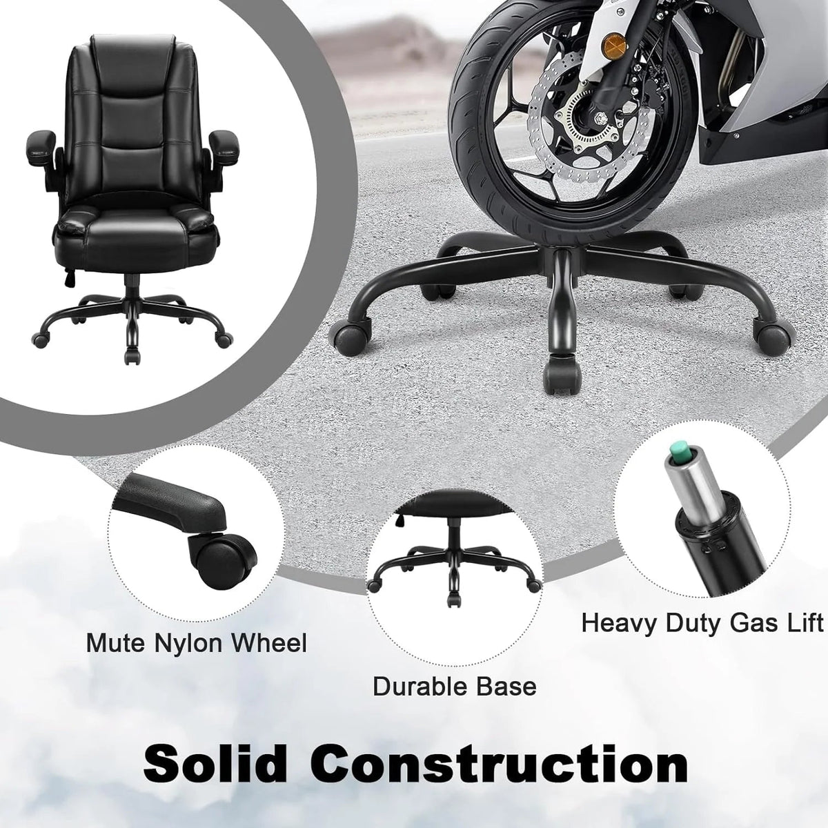Big And Tall Ergonomic Office Chair, High Back Leather Executive Computer Chair With Padded Flip-Up Arms - 20.87in D x 27.3in W x 47.24in H