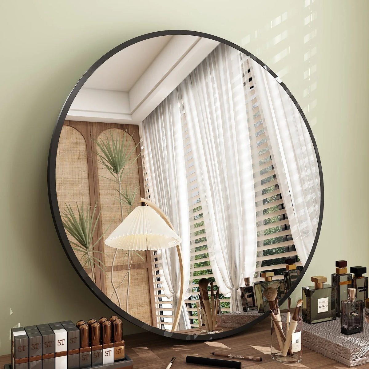 Round Metal Black Frame Bathroom Vanity Mirror - Wall Mounted
