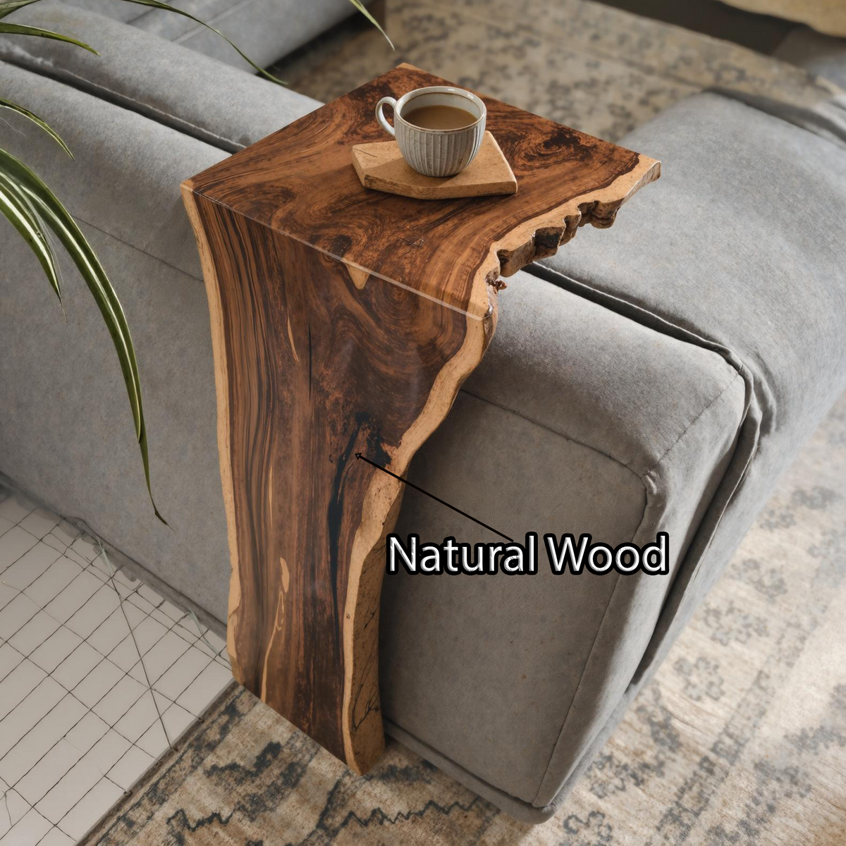 Sofa Armrest Table, Farmhouse Waterfall Wood Tray for Couch Arms