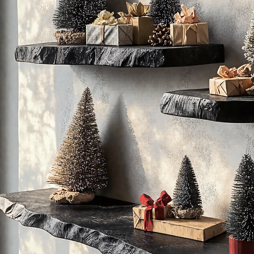 Black Floating Shelf, Live Edge Wood Wall Shelf for Holiday Décor