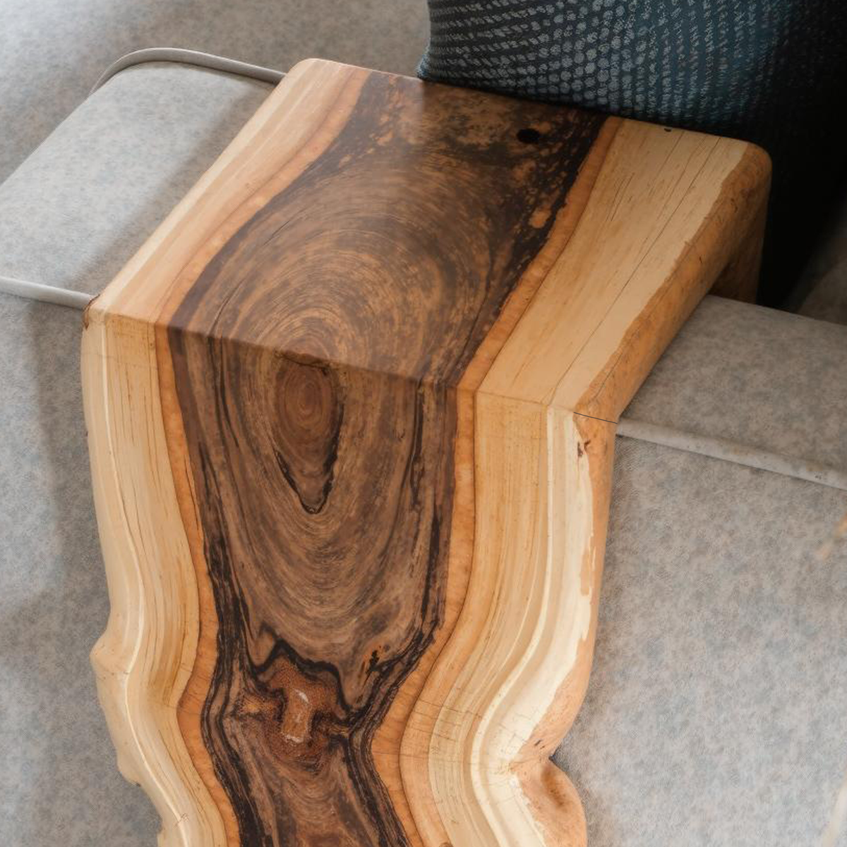 Sofa Armrest Table, Waterfall Wood Tray Custom Fit to Your Couch