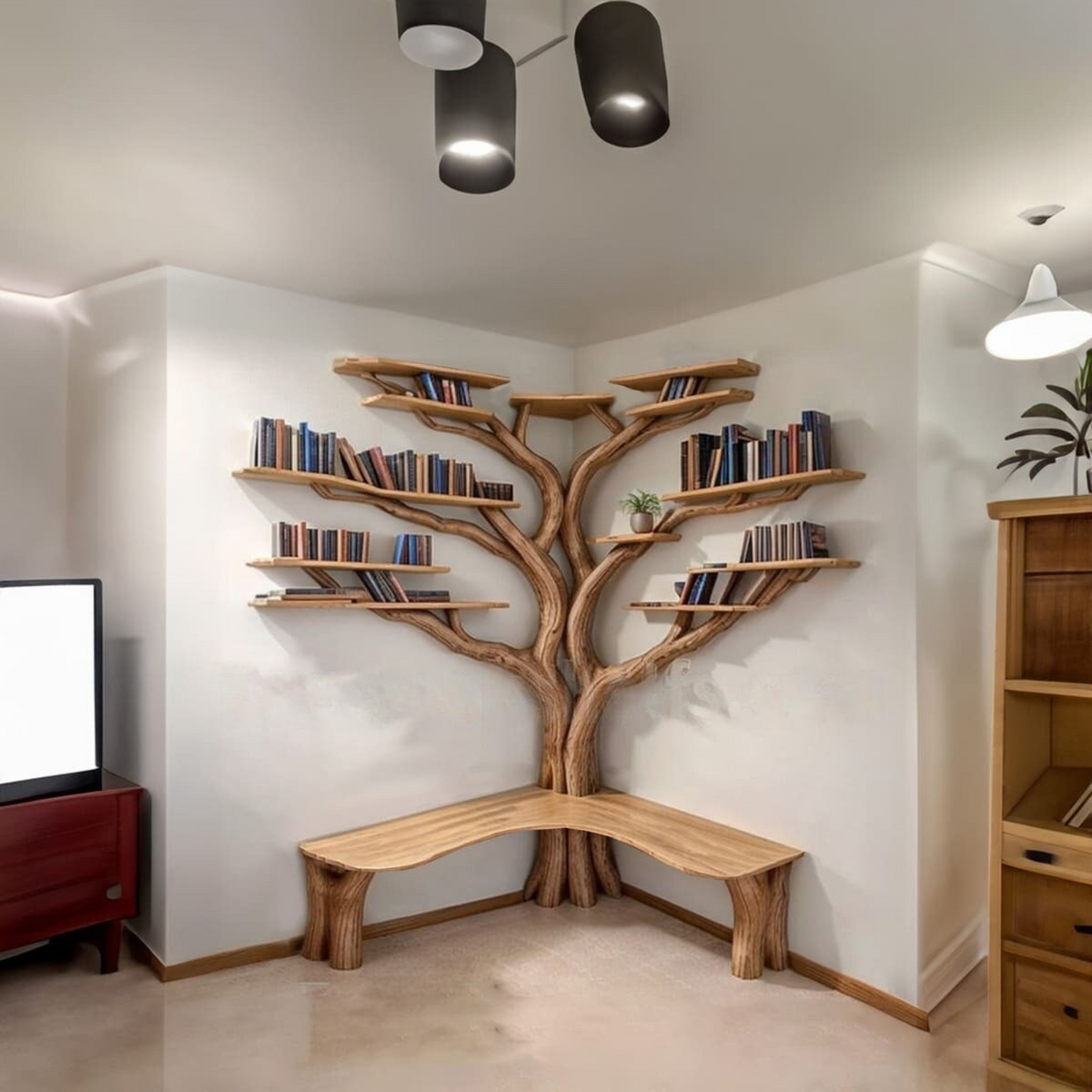 Tree Corner Bookshelf with L-Shaped Bench, Floating Wood Reading Nook