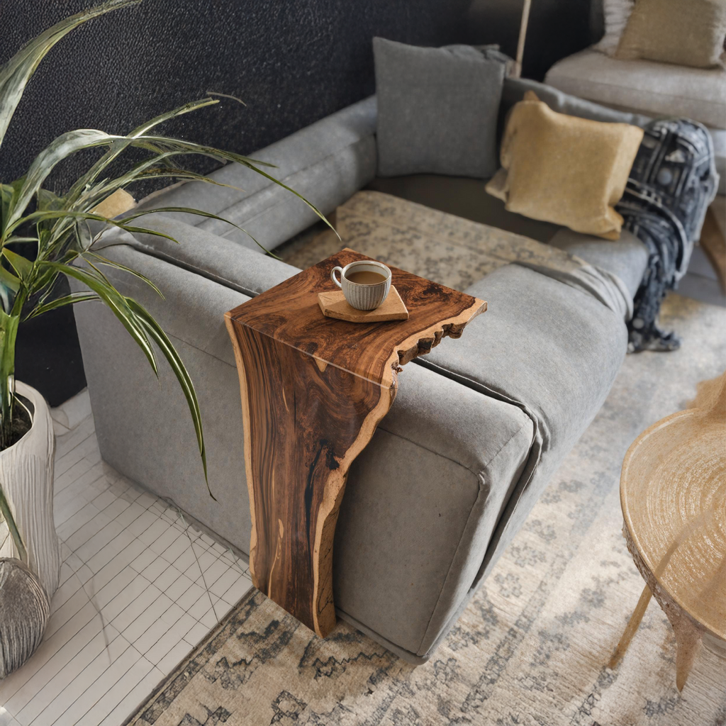 Sofa Armrest Table, Farmhouse Waterfall Wood Tray for Couch Arms
