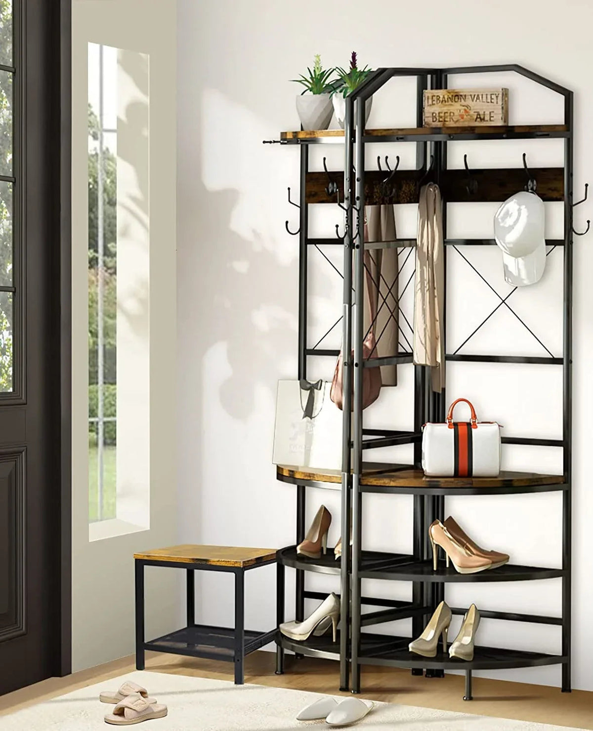 Corner Coat Rack Hall Tree With Shoe Bench, 6 Metal Hooks, Rustic Brown And Black, 17.72in x 17.72in x 72.05in