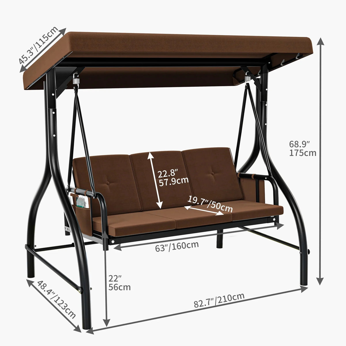 Dextrus Outdoor Patio Swing Chair, 3 Person, Brown