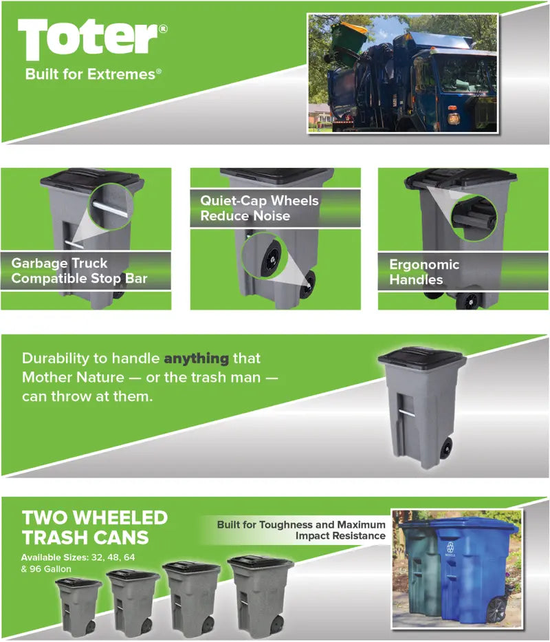 Toter 32 Gallon Green Trash Can With Quiet Wheels And Attached Lid - ANA32-55410