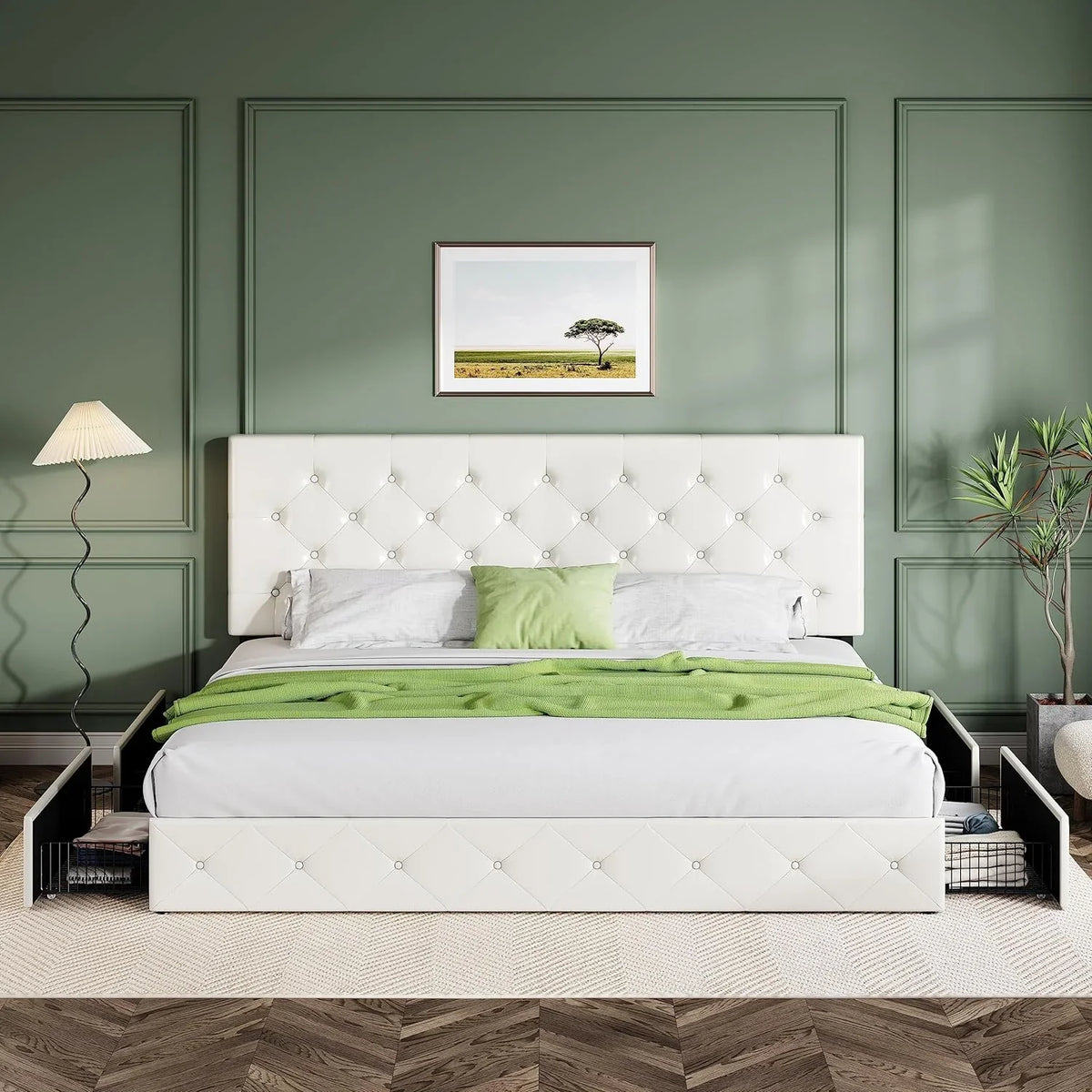 Queen Upholstered Linen Platform Bed Frame With 4 Storage Drawers, Light Grey - 83in L x 62.2in W x 42in H